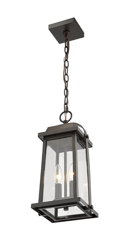 Z-Lite Millworks 8" 2-Light Oil Rubbed Bronze Aluminum Outdoor Chain Mount Ceiling Fixture With Clear Beveled Glass Shade