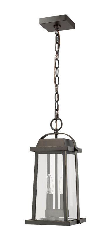 Z-Lite Millworks 8" 2-Light Oil Rubbed Bronze Aluminum Outdoor Chain Mount Ceiling Fixture With Clear Beveled Glass Shade