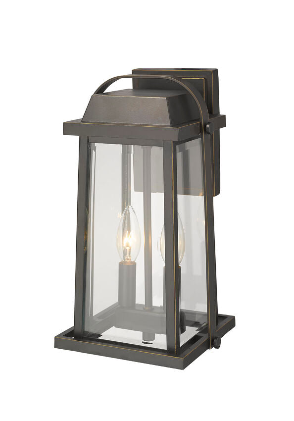 Z-Lite Millworks 8" 2-Light Oil Rubbed Bronze Outdoor Wall Sconce With Clear Beveled Glass Shade