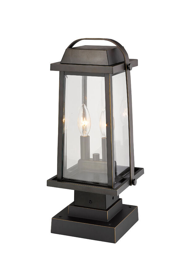 Z-Lite Millworks 8" W x 18" H 2-Light Oil Rubbed Bronze Outdoor Post Mount Fixture and Square Pier Mount With Clear Beveled Glass Shade
