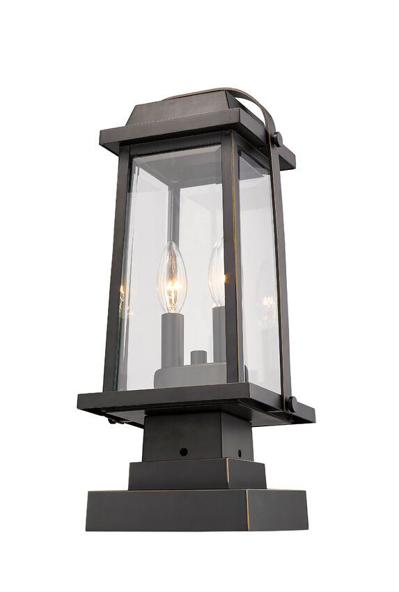 Z-Lite Millworks 8" W x 18" H 2-Light Oil Rubbed Bronze Outdoor Post Mount Fixture and Square Pier Mount With Clear Beveled Glass Shade