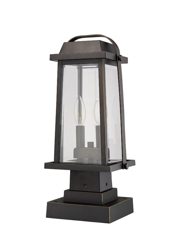 Z-Lite Millworks 8" W x 18" H 2-Light Oil Rubbed Bronze Outdoor Post Mount Fixture and Square Pier Mount With Clear Beveled Glass Shade