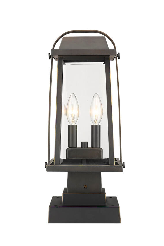 Z-Lite Millworks 8" W x 18" H 2-Light Oil Rubbed Bronze Outdoor Post Mount Fixture and Square Pier Mount With Clear Beveled Glass Shade
