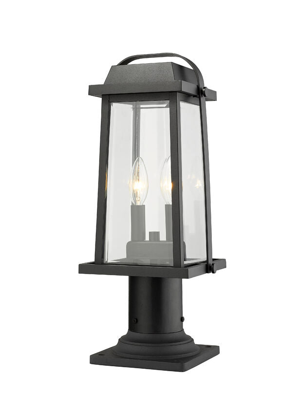 Z-Lite Millworks 8" W x 19" H 2-Light Black Outdoor Post Mount Fixture and Square Pier Mount With Clear Beveled Glass Shade
