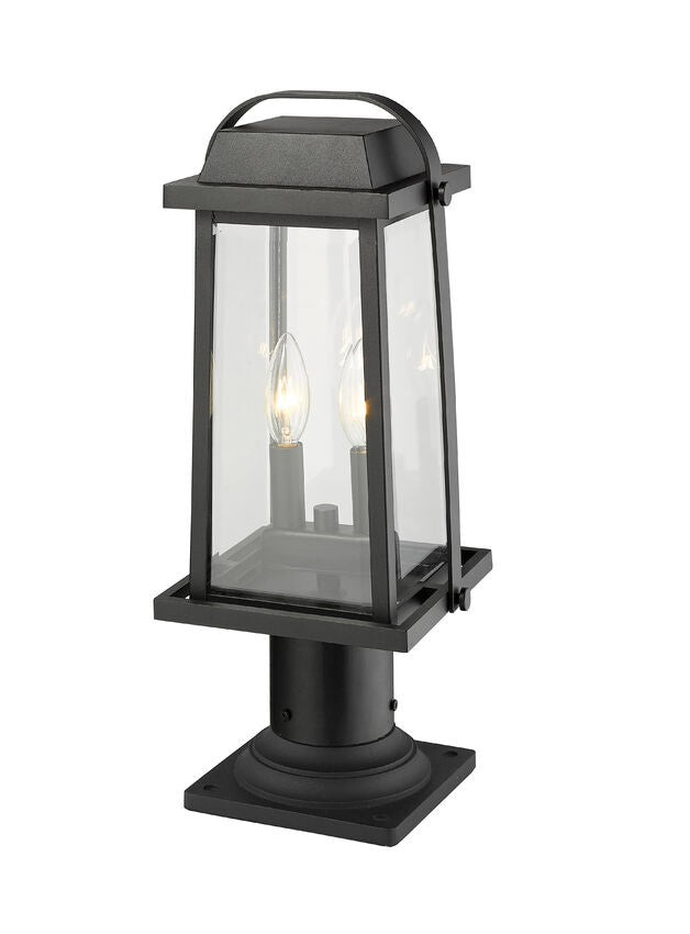 Z-Lite Millworks 8" W x 19" H 2-Light Black Outdoor Post Mount Fixture and Square Pier Mount With Clear Beveled Glass Shade