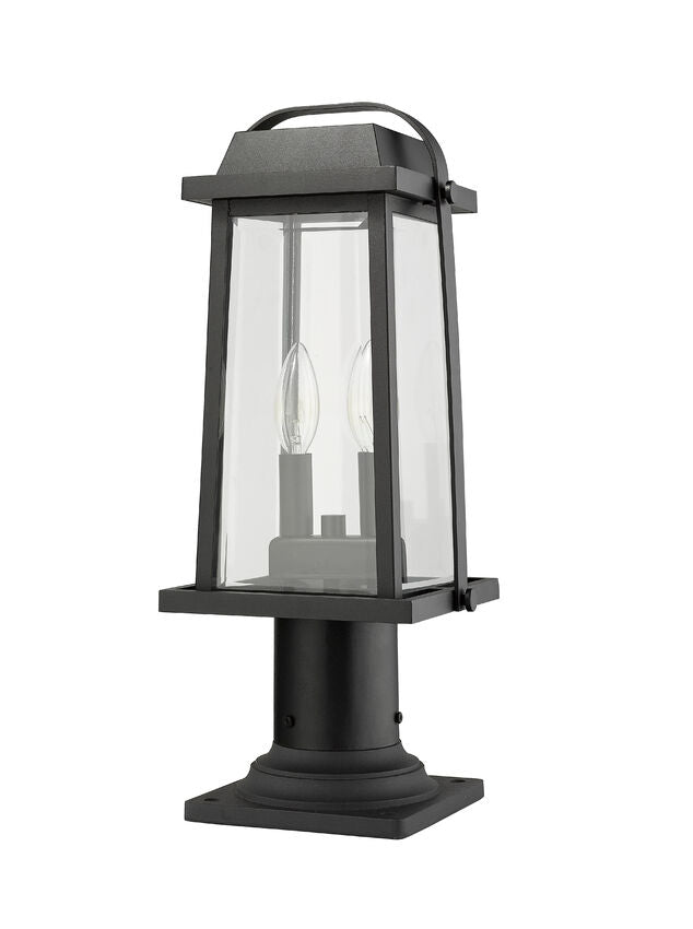 Z-Lite Millworks 8" W x 19" H 2-Light Black Outdoor Post Mount Fixture and Square Pier Mount With Clear Beveled Glass Shade