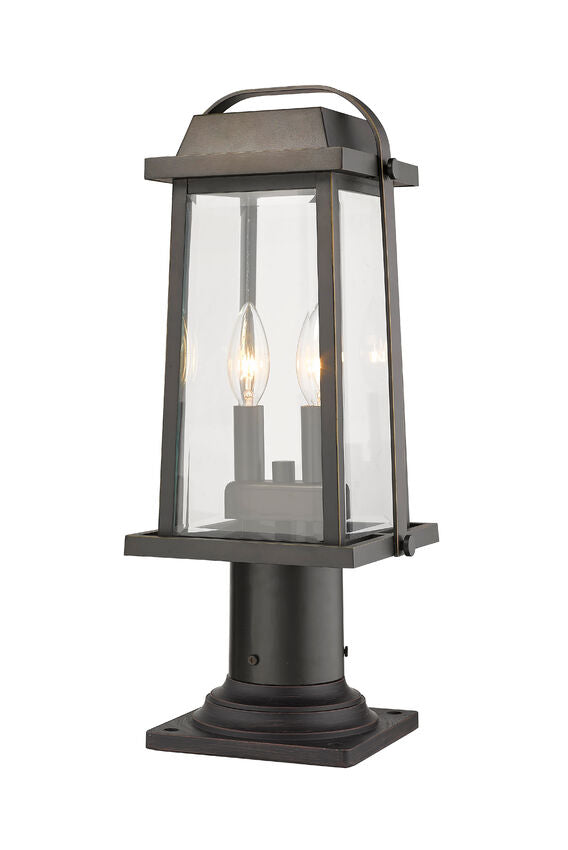 Z-Lite Millworks 8" W x 19" H 2-Light Oil Rubbed Bronze Outdoor Post Mount Fixture and Square Pier Mount With Clear Beveled Glass Shade