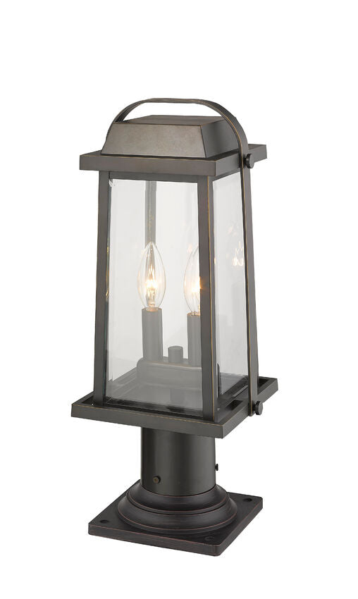 Z-Lite Millworks 8" W x 19" H 2-Light Oil Rubbed Bronze Outdoor Post Mount Fixture and Square Pier Mount With Clear Beveled Glass Shade