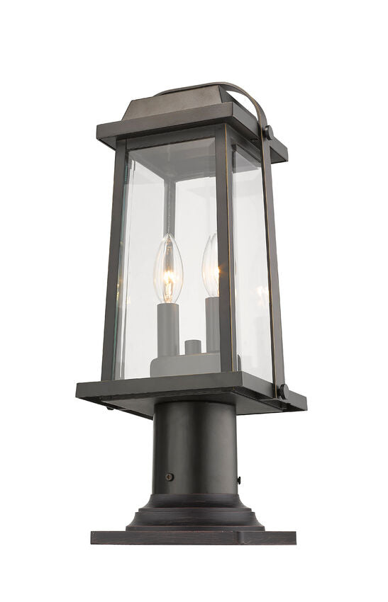 Z-Lite Millworks 8" W x 19" H 2-Light Oil Rubbed Bronze Outdoor Post Mount Fixture and Square Pier Mount With Clear Beveled Glass Shade