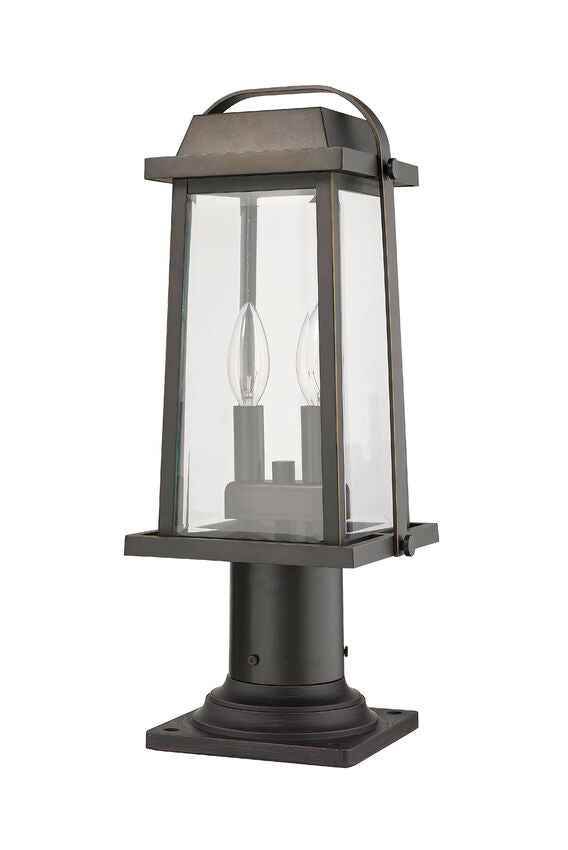 Z-Lite Millworks 8" W x 19" H 2-Light Oil Rubbed Bronze Outdoor Post Mount Fixture and Square Pier Mount With Clear Beveled Glass Shade