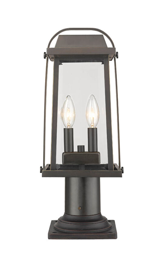 Z-Lite Millworks 8" W x 19" H 2-Light Oil Rubbed Bronze Outdoor Post Mount Fixture and Square Pier Mount With Clear Beveled Glass Shade
