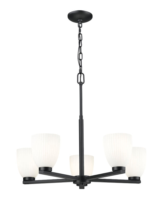 Z-Lite Naya 5-Light Medium Bulb Base Matte Black Steel Frame Matte Opal Glass Shade Chandelier