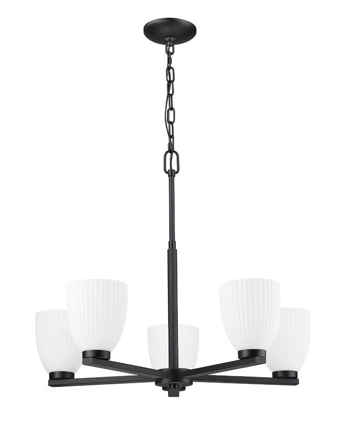 Z-Lite Naya 5-Light Medium Bulb Base Matte Black Steel Frame Matte Opal Glass Shade Chandelier