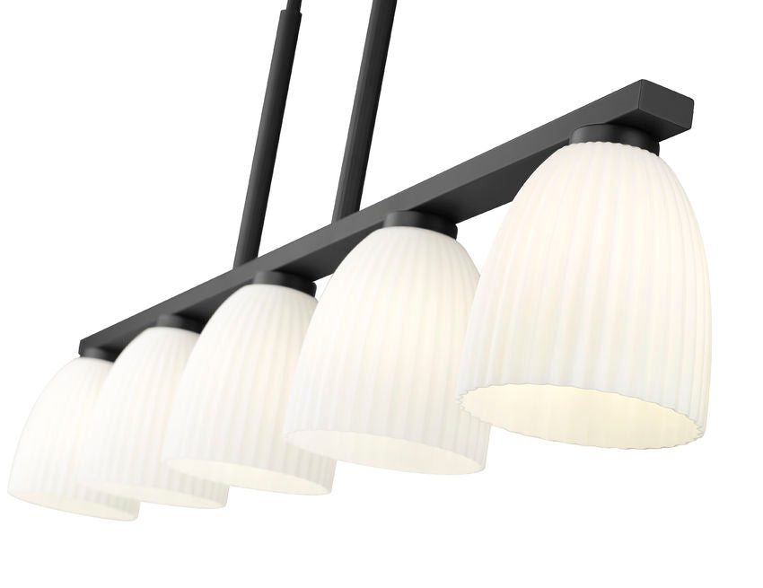 Z-Lite Naya 5-Light Medium Bulb Base Matte Black Steel Frame Matte Opal Glass Shade Linear Chandelier