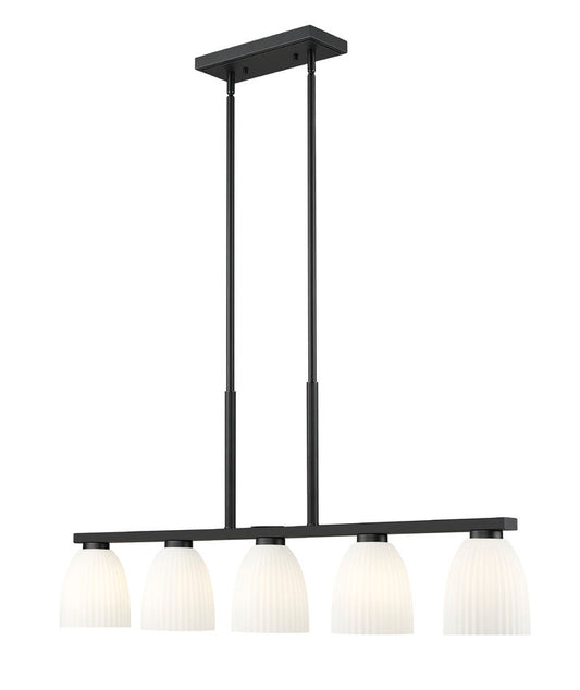 Z-Lite Naya 5-Light Medium Bulb Base Matte Black Steel Frame Matte Opal Glass Shade Linear Chandelier