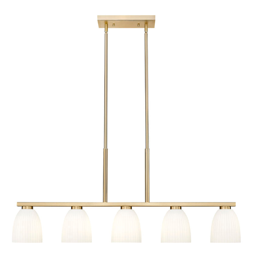 Z-Lite Naya 5-Light Medium Bulb Base Modern Gold Steel Frame Matte Opal Glass Shade Linear Chandelier