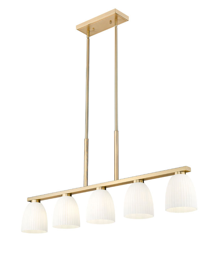 Z-Lite Naya 5-Light Medium Bulb Base Modern Gold Steel Frame Matte Opal Glass Shade Linear Chandelier