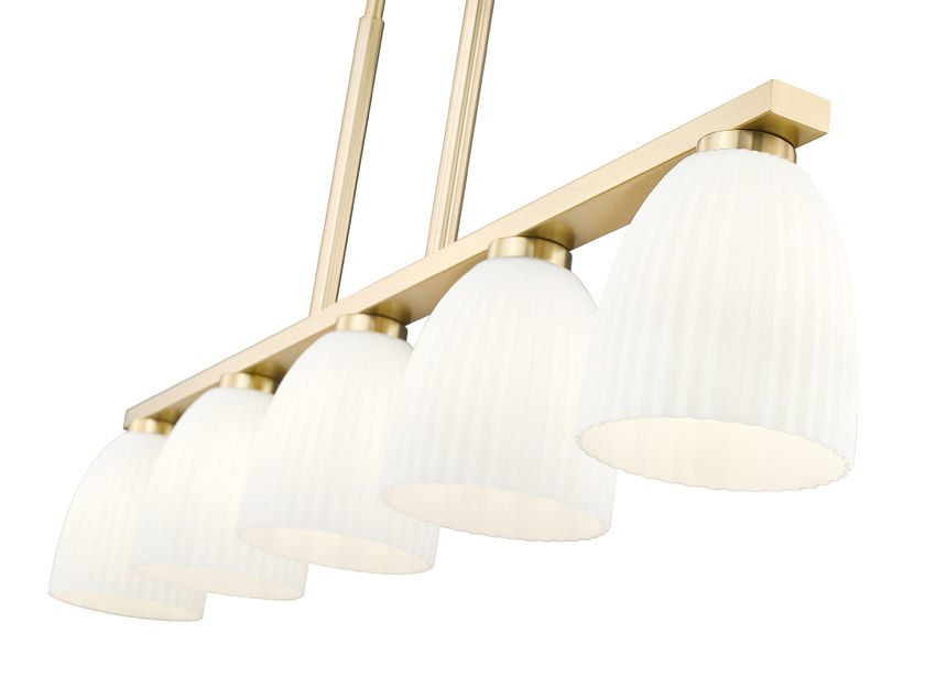 Z-Lite Naya 5-Light Medium Bulb Base Modern Gold Steel Frame Matte Opal Glass Shade Linear Chandelier