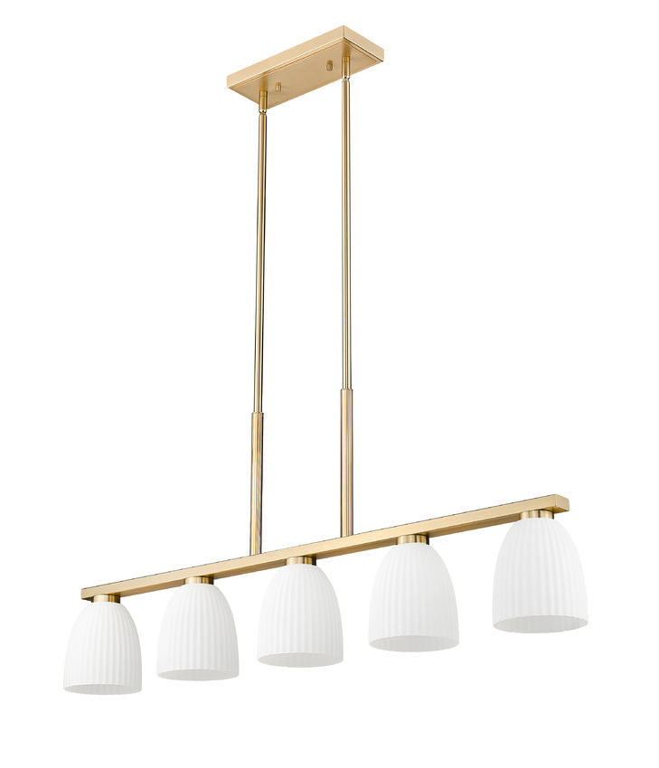 Z-Lite Naya 5-Light Medium Bulb Base Modern Gold Steel Frame Matte Opal Glass Shade Linear Chandelier
