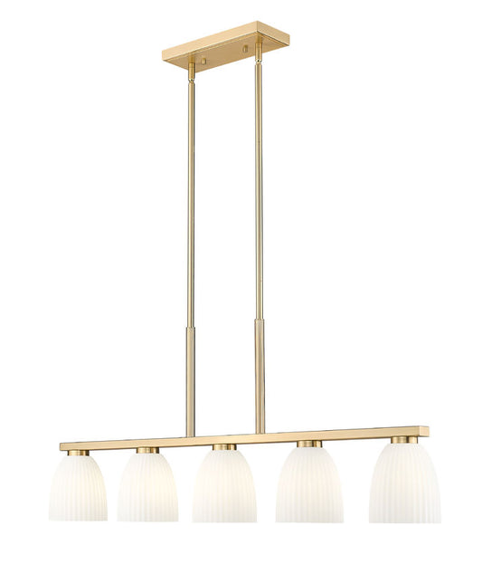 Z-Lite Naya 5-Light Medium Bulb Base Modern Gold Steel Frame Matte Opal Glass Shade Linear Chandelier