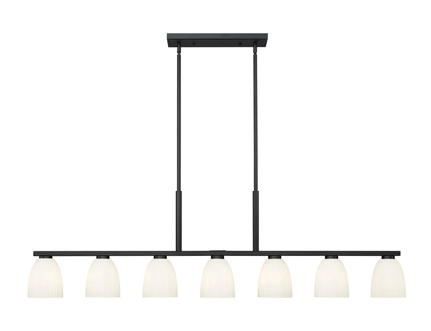 Z-Lite Naya 7-Light Medium Bulb Base Matte Black Steel Frame Matte Opal Glass Shade Linear Chandelier
