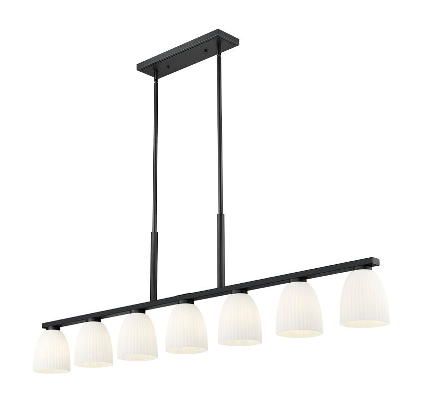 Z-Lite Naya 7-Light Medium Bulb Base Matte Black Steel Frame Matte Opal Glass Shade Linear Chandelier