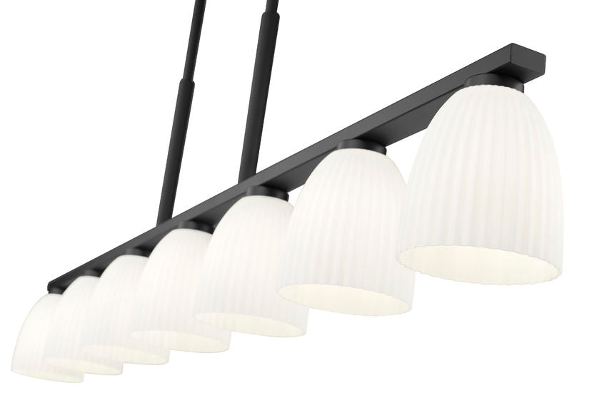 Z-Lite Naya 7-Light Medium Bulb Base Matte Black Steel Frame Matte Opal Glass Shade Linear Chandelier