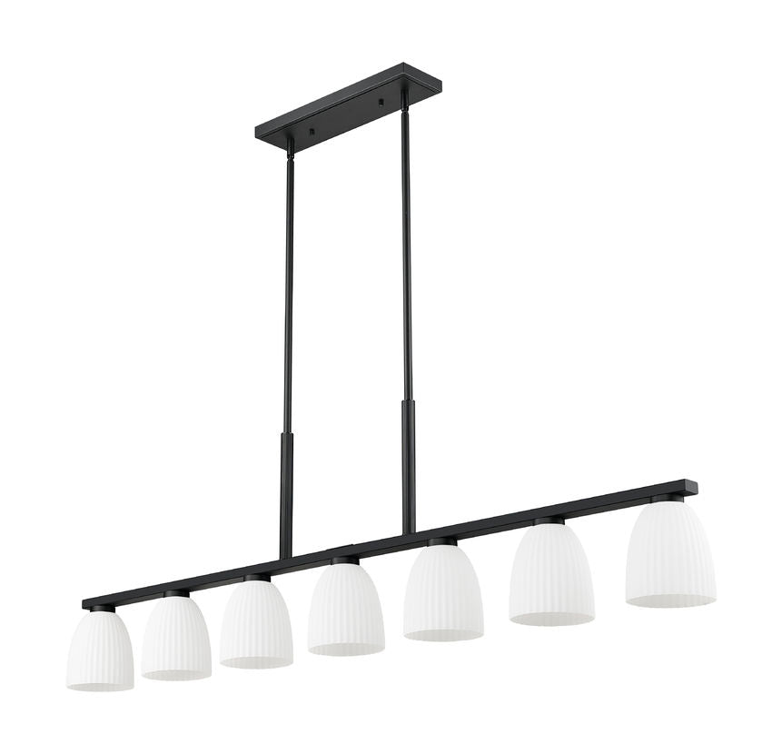 Z-Lite Naya 7-Light Medium Bulb Base Matte Black Steel Frame Matte Opal Glass Shade Linear Chandelier