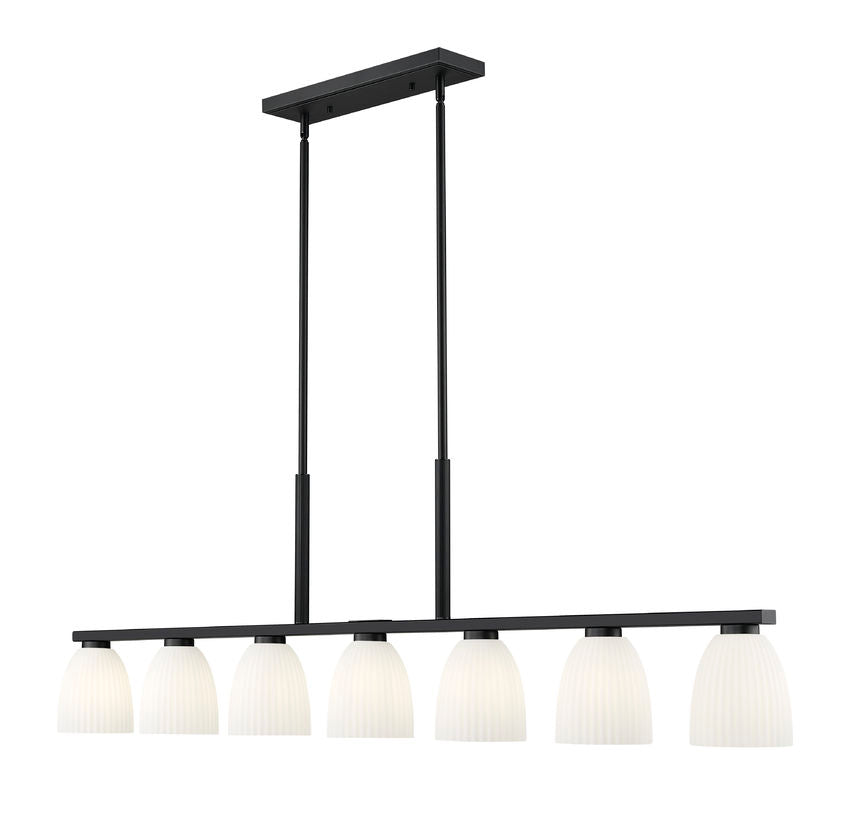 Z-Lite Naya 7-Light Medium Bulb Base Matte Black Steel Frame Matte Opal Glass Shade Linear Chandelier