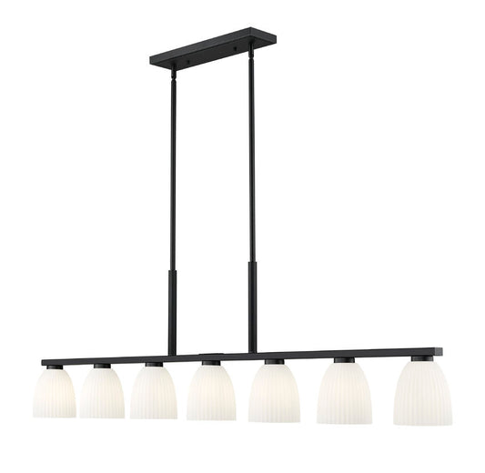 Z-Lite Naya 7-Light Medium Bulb Base Matte Black Steel Frame Matte Opal Glass Shade Linear Chandelier
