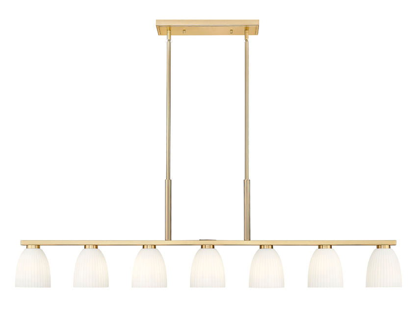 Z-Lite Naya 7-Light Medium Bulb Base Modern Gold Steel Frame Matte Opal Glass Shade Linear Chandelier