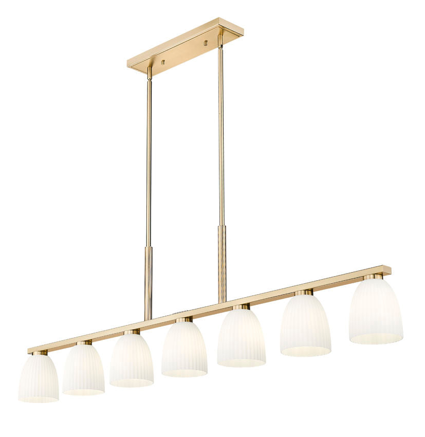 Z-Lite Naya 7-Light Medium Bulb Base Modern Gold Steel Frame Matte Opal Glass Shade Linear Chandelier