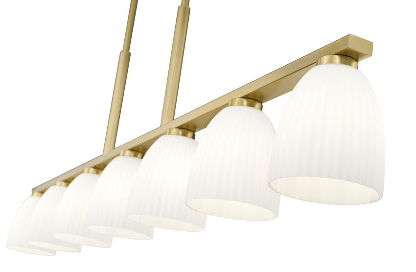 Z-Lite Naya 7-Light Medium Bulb Base Modern Gold Steel Frame Matte Opal Glass Shade Linear Chandelier