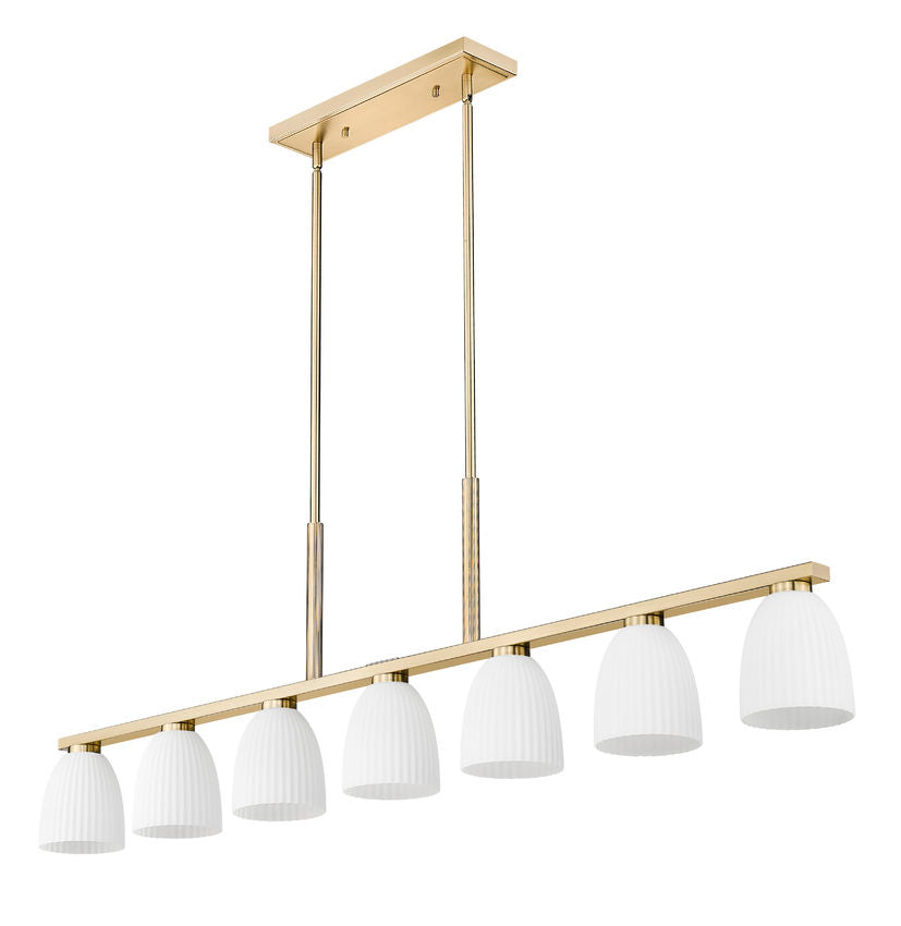 Z-Lite Naya 7-Light Medium Bulb Base Modern Gold Steel Frame Matte Opal Glass Shade Linear Chandelier