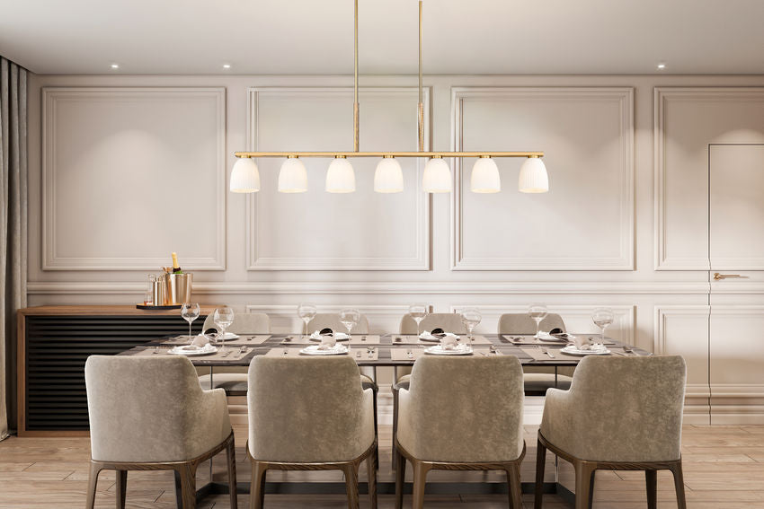 Z-Lite Naya 7-Light Medium Bulb Base Modern Gold Steel Frame Matte Opal Glass Shade Linear Chandelier