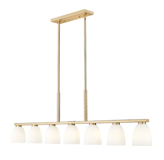 Z-Lite Naya 7-Light Medium Bulb Base Modern Gold Steel Frame Matte Opal Glass Shade Linear Chandelier