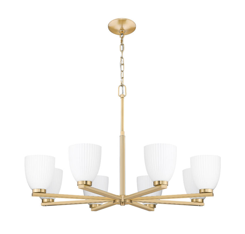 Z-Lite Naya 8-Light Medium Bulb Base Modern Gold Steel Frame Matte Opal Glass Shade Chandelier