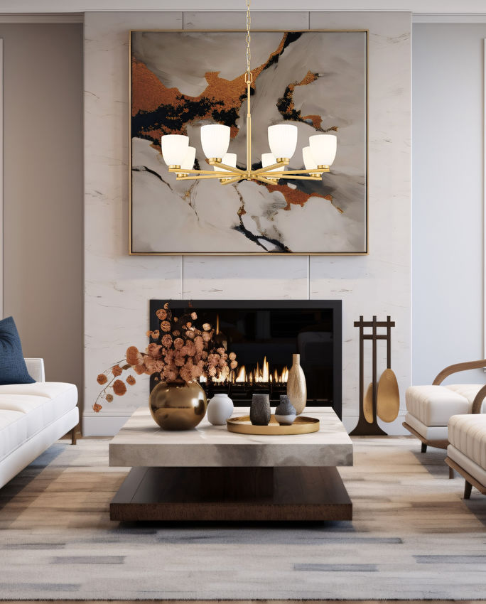 Z-Lite Naya 8-Light Medium Bulb Base Modern Gold Steel Frame Matte Opal Glass Shade Chandelier