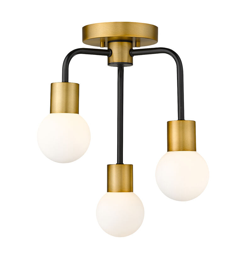 Z-Lite Neutra 14" 3-Light Matte Black and Foundry Brass Semi Flush Mount With Opal Glass Shade