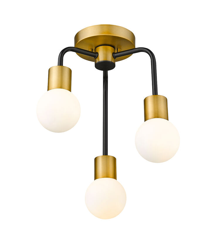 Z-Lite Neutra 14" 3-Light Matte Black and Foundry Brass Semi Flush Mount With Opal Glass Shade