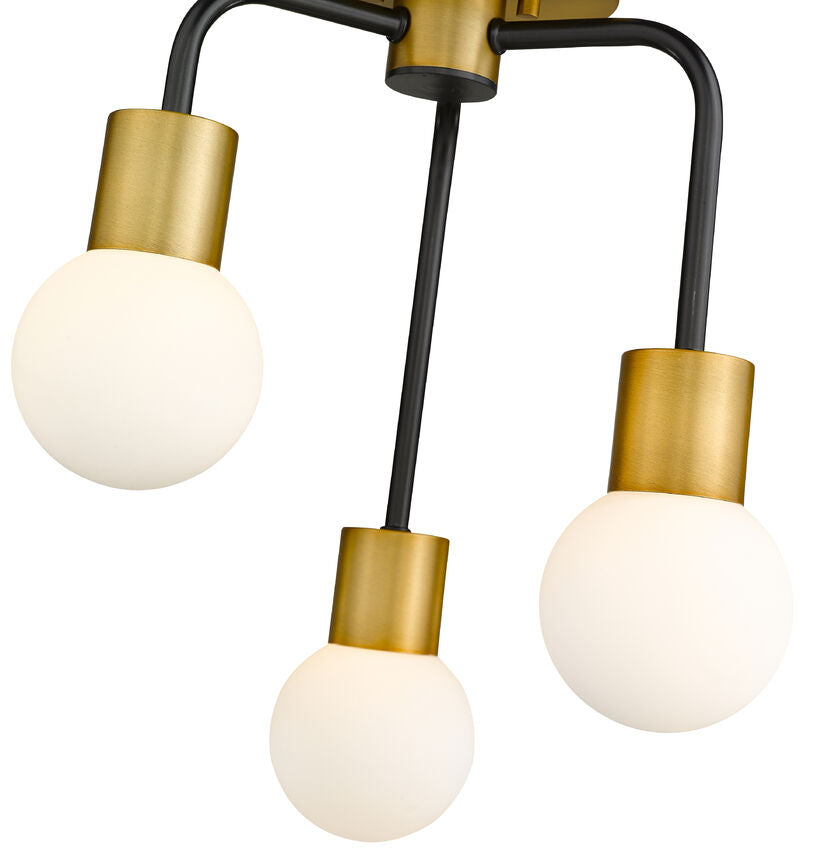 Z-Lite Neutra 14" 3-Light Matte Black and Foundry Brass Semi Flush Mount With Opal Glass Shade