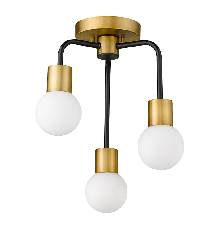 Z-Lite Neutra 14" 3-Light Matte Black and Foundry Brass Semi Flush Mount With Opal Glass Shade