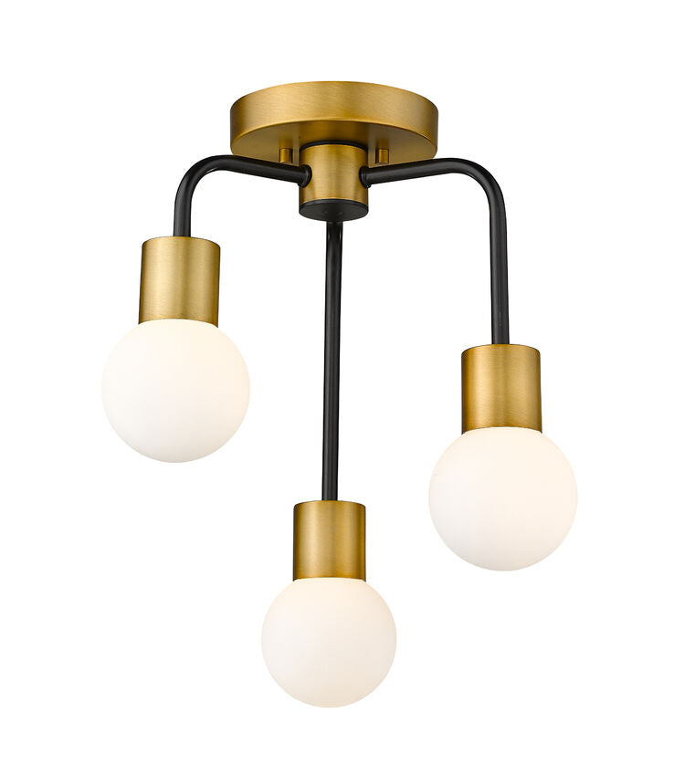 Z-Lite Neutra 14" 3-Light Matte Black and Foundry Brass Semi Flush Mount With Opal Glass Shade