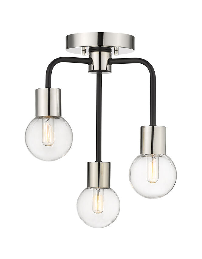 Z-Lite Neutra 14" 3-Light Matte Black and Polished Nickel Semi Flush Mount With Clear Glass Shade