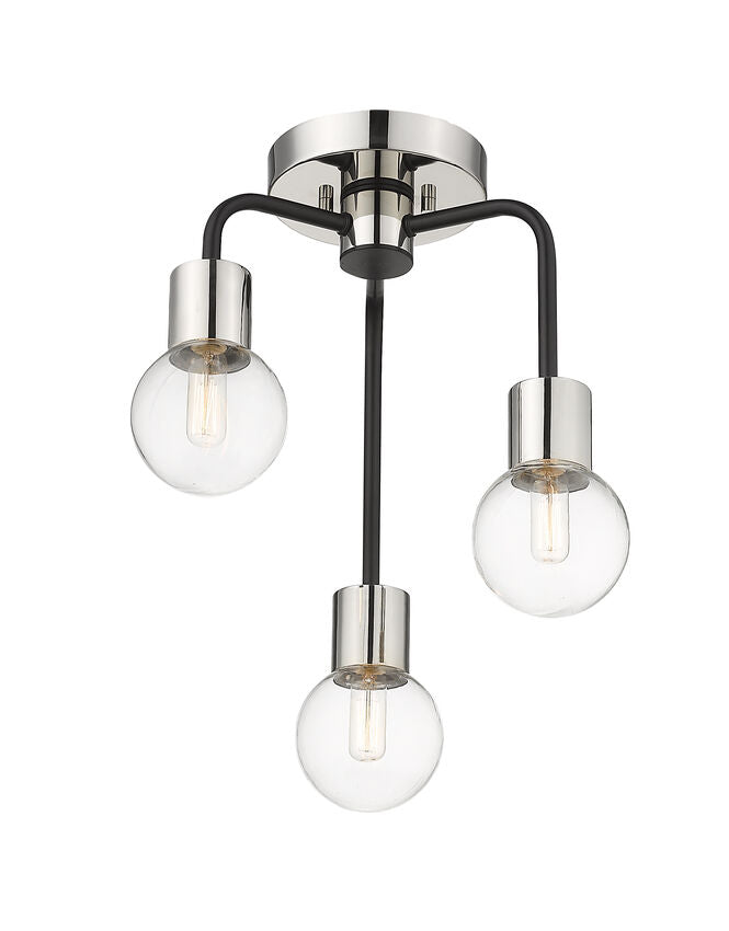 Z-Lite Neutra 14" 3-Light Matte Black and Polished Nickel Semi Flush Mount With Clear Glass Shade