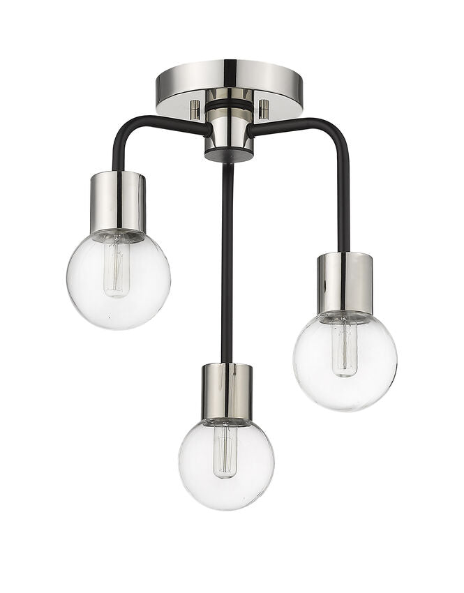 Z-Lite Neutra 14" 3-Light Matte Black and Polished Nickel Semi Flush Mount With Clear Glass Shade