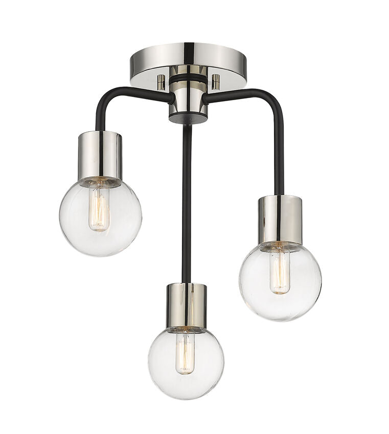 Z-Lite Neutra 14" 3-Light Matte Black and Polished Nickel Semi Flush Mount With Clear Glass Shade