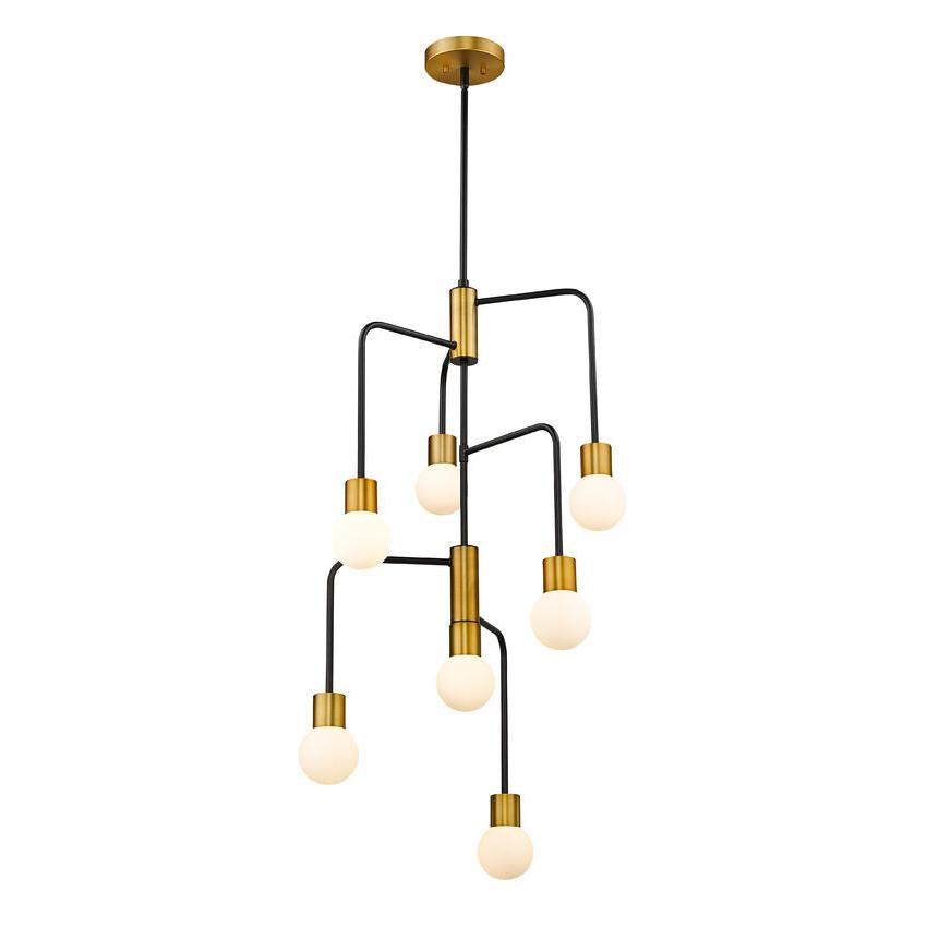 Z-Lite Neutra 23" 7-Light Matte Black and Foundry Brass Chandelier With Opal Glass Shade