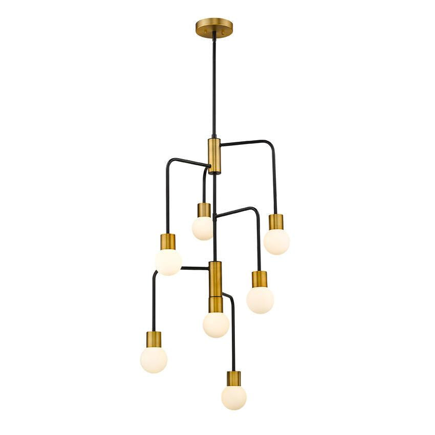 Z-Lite Neutra 23" 7-Light Matte Black and Foundry Brass Chandelier With Opal Glass Shade