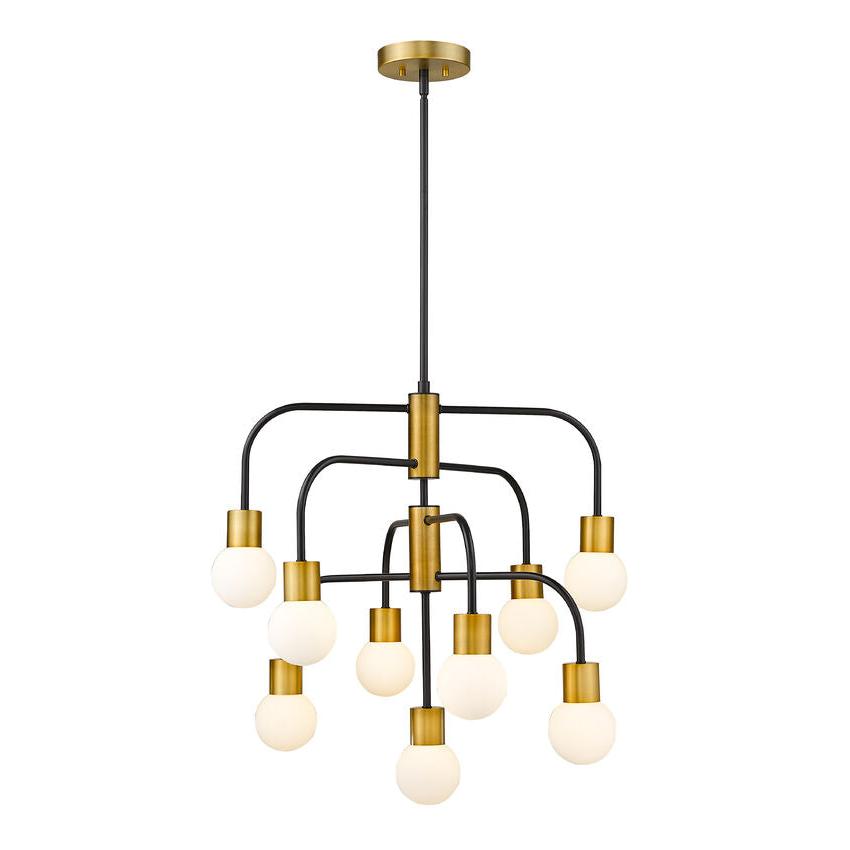 Z-Lite Neutra 27" 9-Light Matte Black and Foundry Brass Chandelier With Opal Glass Shade